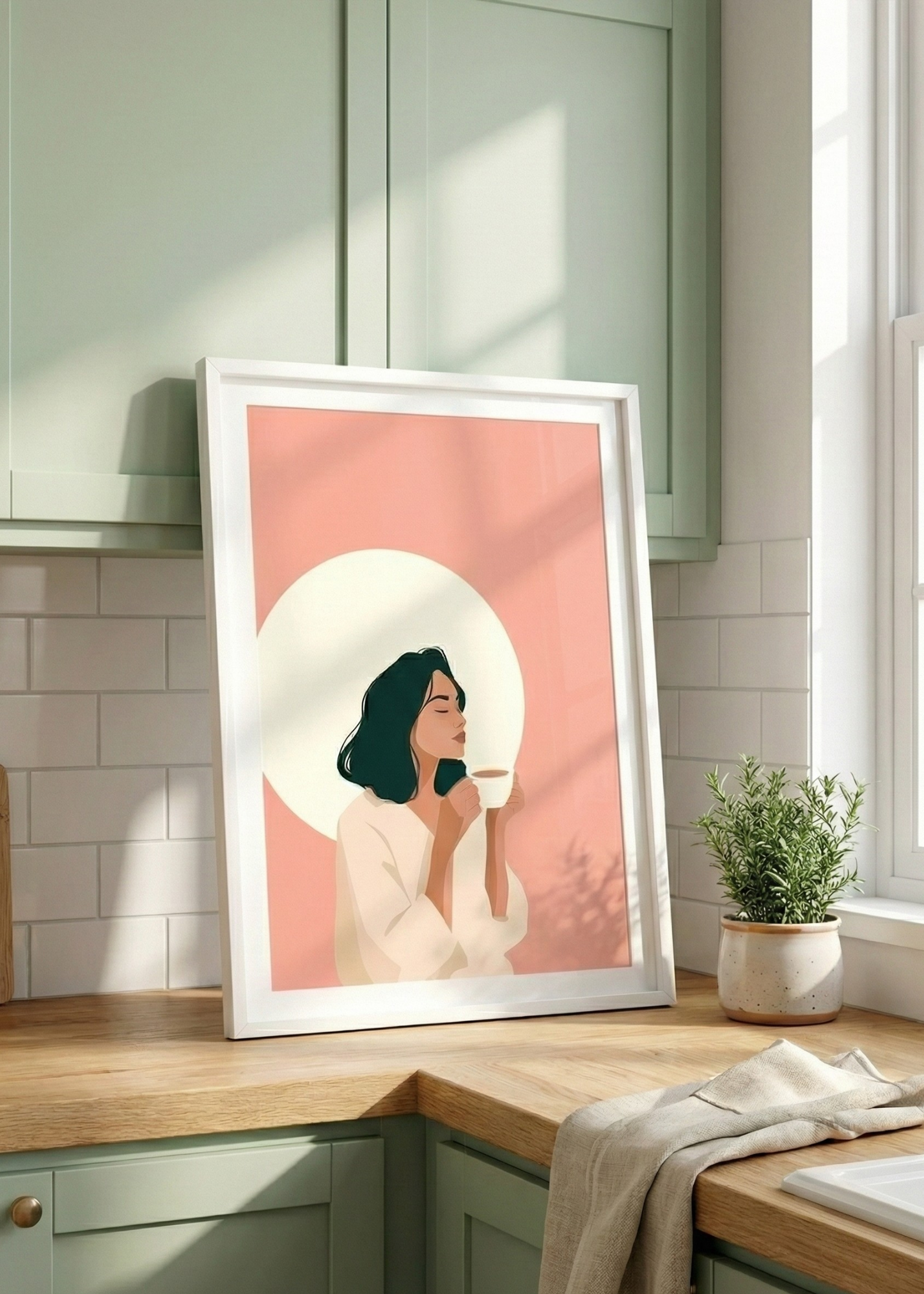 Modern Kadın ve Kahve Temalı Beyaz Çerçeveli Tablo