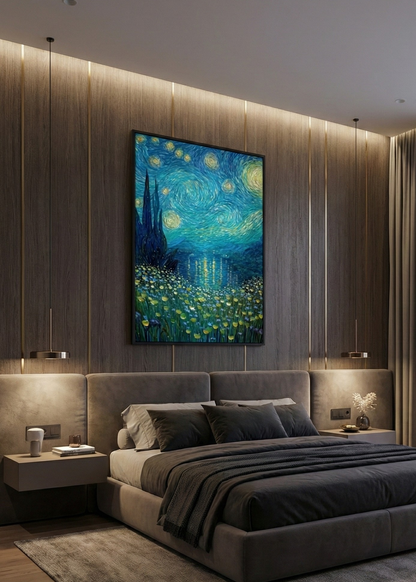 Yıldızlı Gece Manzarası Temalı Çerçeveli Duvar Tablosu Modern Dekoratif Tablo