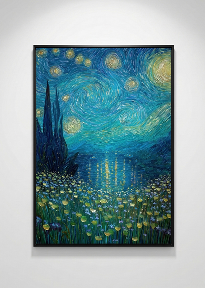 Yıldızlı Gece Manzarası Temalı Çerçeveli Duvar Tablosu Modern Dekoratif Tablo