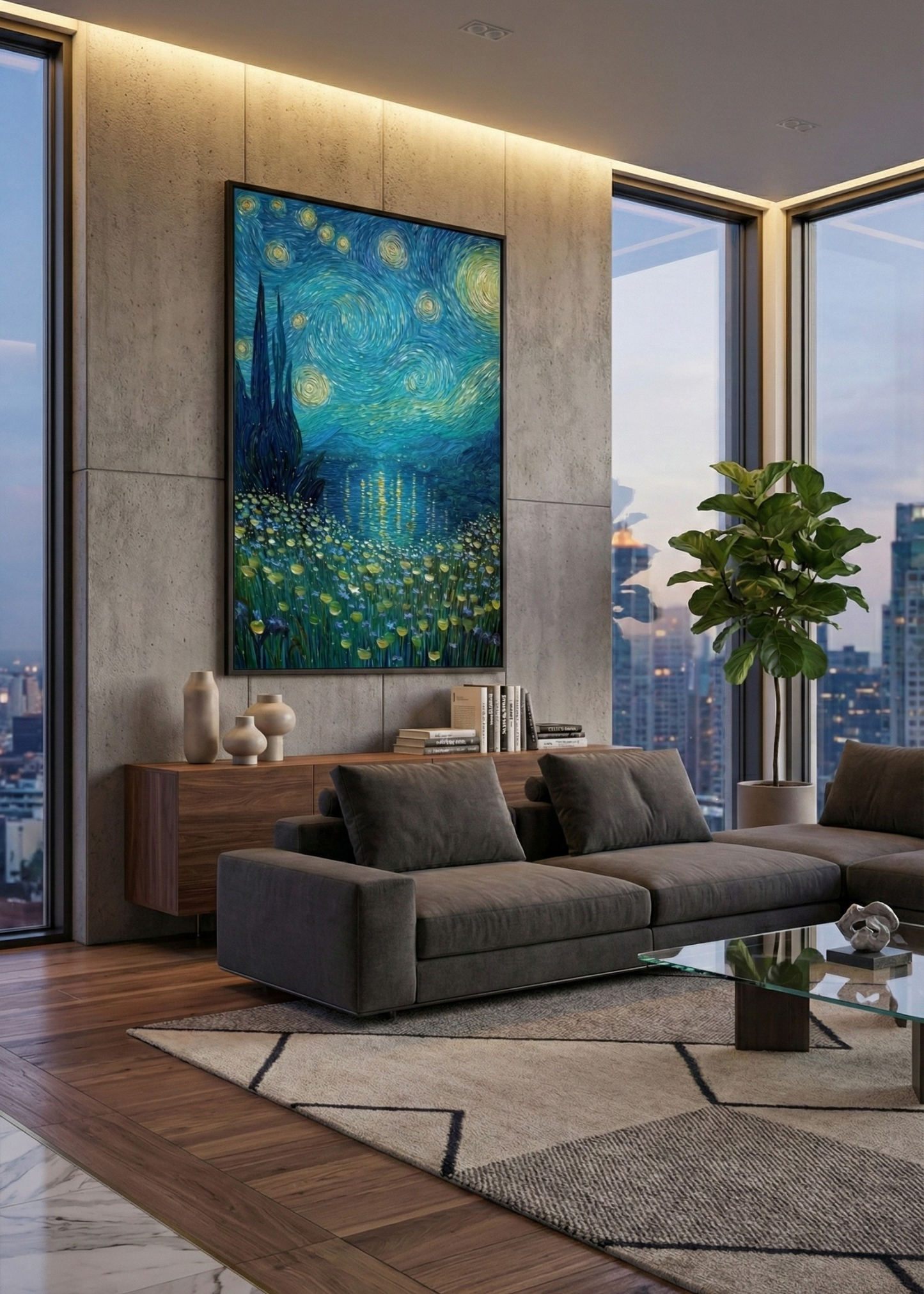 Yıldızlı Gece Manzarası Temalı Çerçeveli Duvar Tablosu Modern Dekoratif Tablo