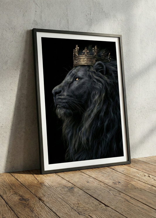 Siyah Aslan Kral Tasarım Siyah Çerçeveli Tablo - Lüks Ofis ve Salon Dekoru