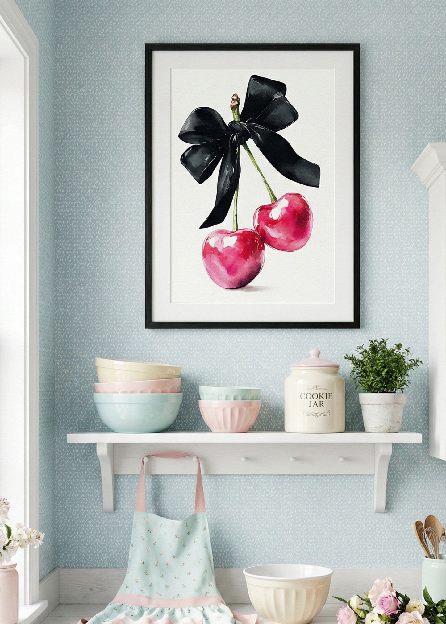 Coquette Stil Siyah Fiyonklu Kiraz Çerçeveli Tablo - Şık ve Sanatsal Mutfak Dekoru