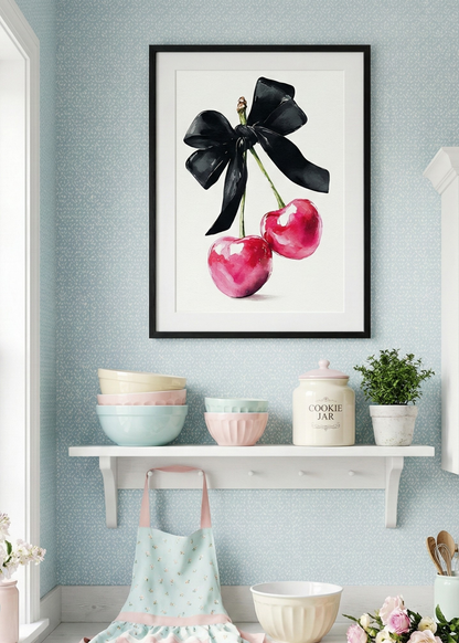 Coquette Stil Siyah Fiyonklu Kiraz Çerçeveli Tablo - Şık ve Sanatsal Mutfak Dekoru