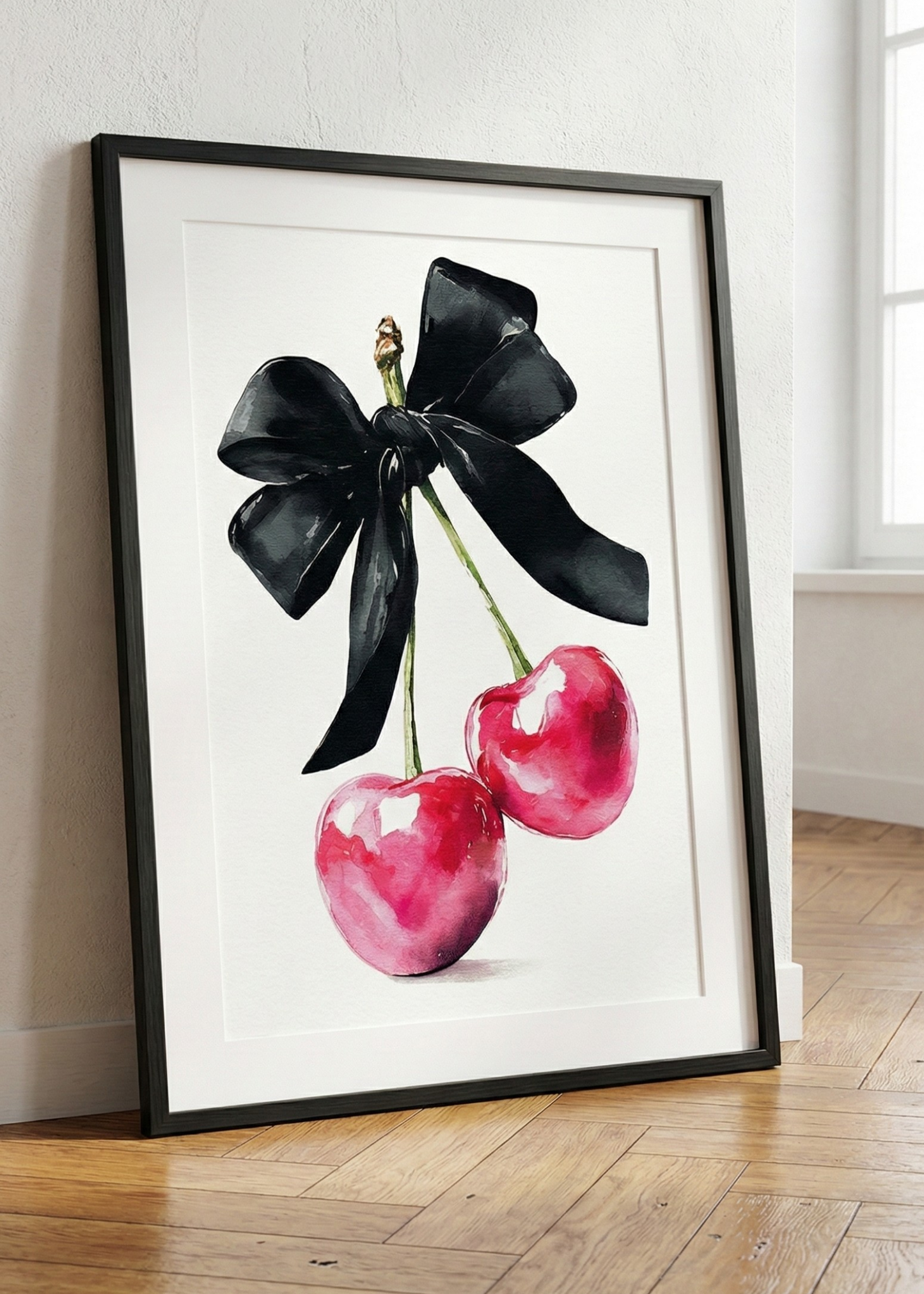 Coquette Stil Siyah Fiyonklu Kiraz Çerçeveli Tablo - Şık ve Sanatsal Mutfak Dekoru