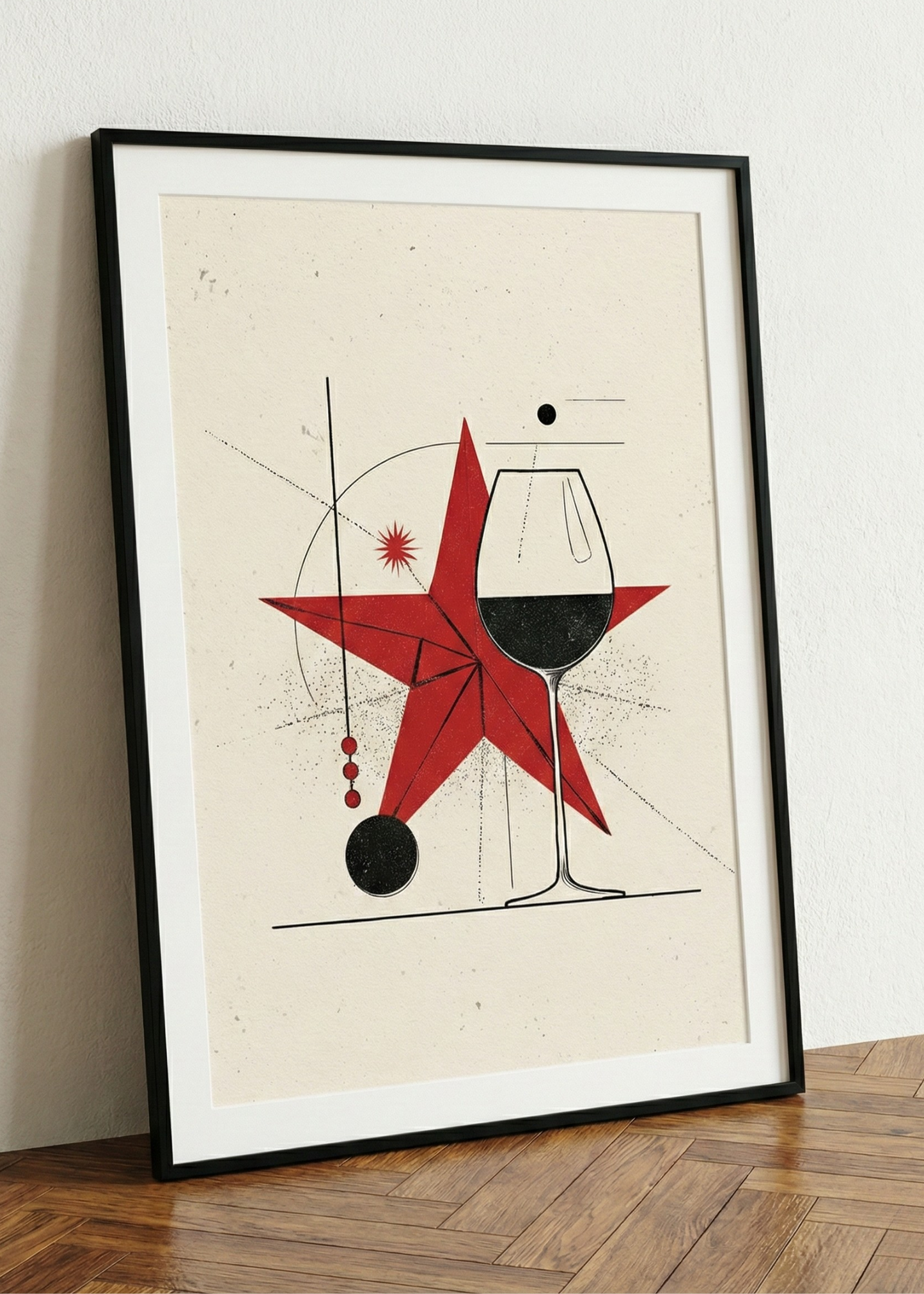 Geometrik Soyut Tasarım Siyah Çerçeveli Tablo - Kırmızı Yıldız ve Şarap