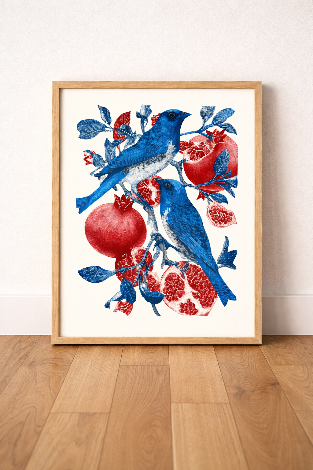 Mavi Kuş ve Bereket Narı İllüstrasyon Çerçeveli Tablo - Mutfak ve Salon Dekoru