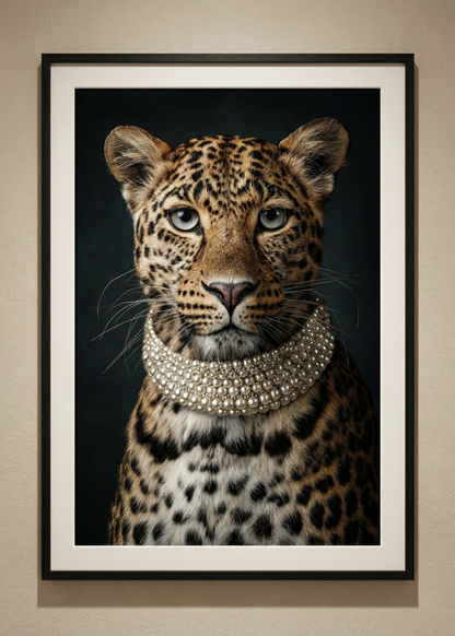 İnci Kolyeli Leopar Asalet Serisi Çerçeveli Tablo - Lüks Duvar Dekoru