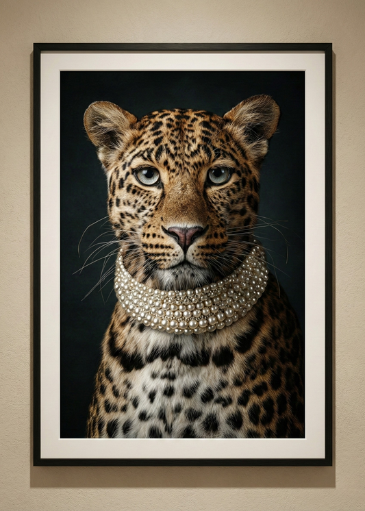 İnci Kolyeli Leopar Asalet Serisi Çerçeveli Tablo - Lüks Duvar Dekoru