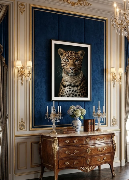 İnci Kolyeli Leopar Asalet Serisi Çerçeveli Tablo - Lüks Duvar Dekoru