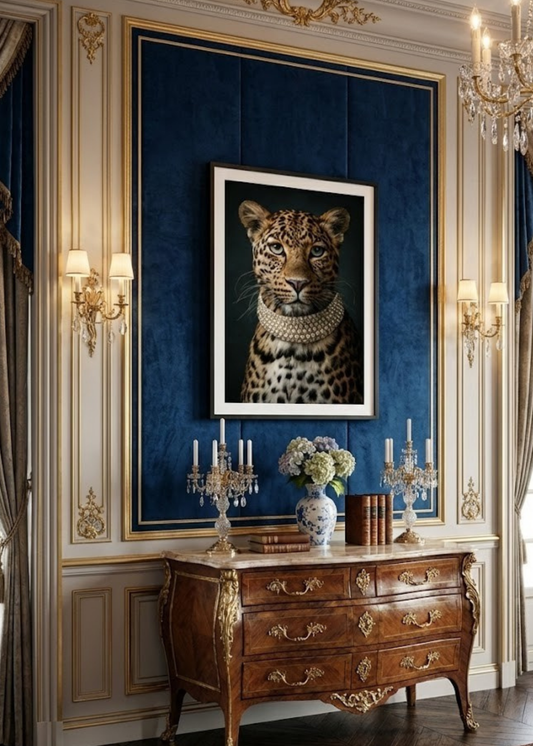 İnci Kolyeli Leopar Asalet Serisi Çerçeveli Tablo - Lüks Duvar Dekoru