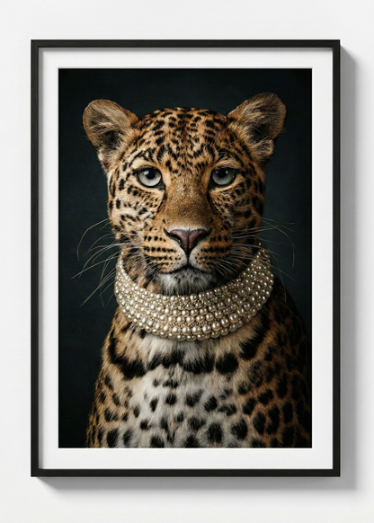 İnci Kolyeli Leopar Asalet Serisi Çerçeveli Tablo - Lüks Duvar Dekoru