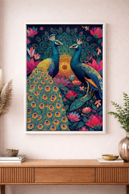 Çerçeveli Tavus Kuşu Tasarım Tablo - Modern Renkli Duvar Sanatı