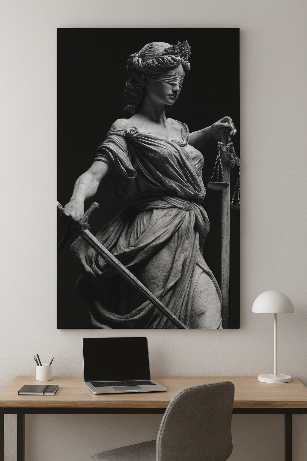 Themis Adalet Tanrıçası Siyah Beyaz Kanvas – Avukat ve Hukuk Ofislerine Özel Şık Dekor
