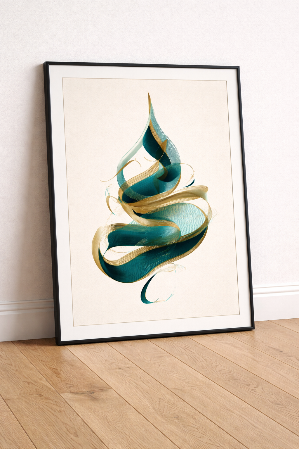 Soyut Vav Formu Siyah Çerçeveli Tablo - Altın ve Turkuaz Detaylı Duvar Sanatı