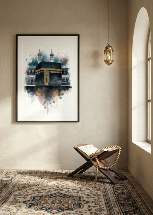 Kabe i Muazzama Sulu Boya Tasarım Siyah Çerçeveli Tablo - Modern İslam Sanatı