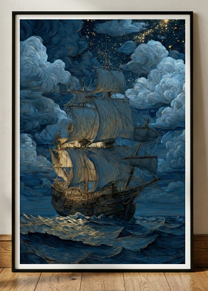 Van Gogh Stili Yıldızlı Gece Yelkenli Gemi Kanvas Tablo - Modern Salon Duvar Dekoru