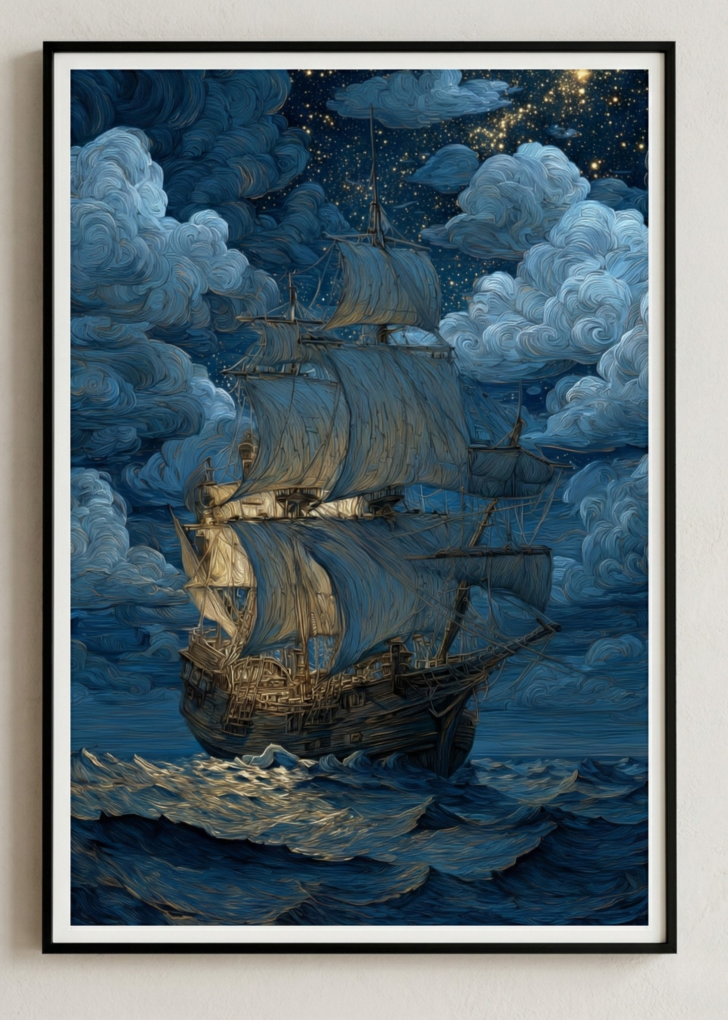 Van Gogh Stili Yıldızlı Gece Yelkenli Gemi Kanvas Tablo - Modern Salon Duvar Dekoru