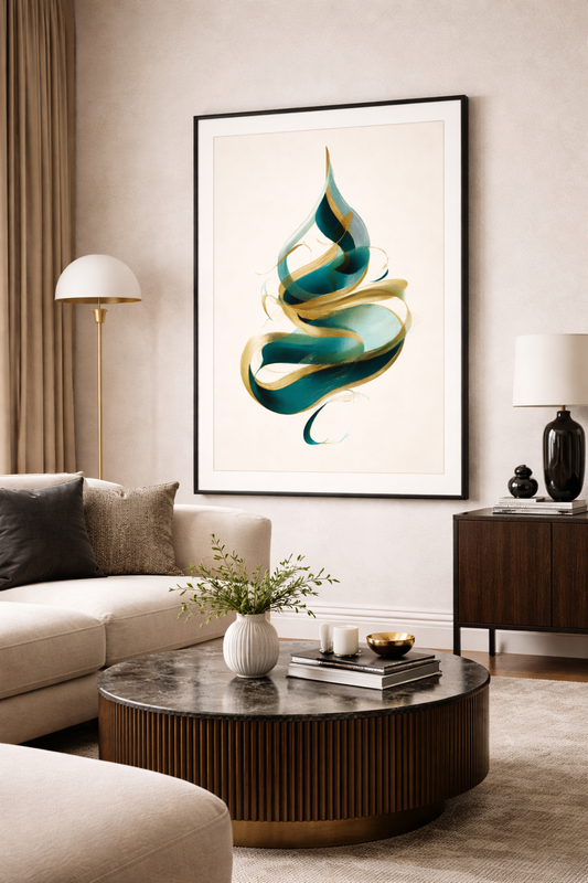 Soyut Vav Formu Siyah Çerçeveli Tablo - Altın ve Turkuaz Detaylı Duvar Sanatı