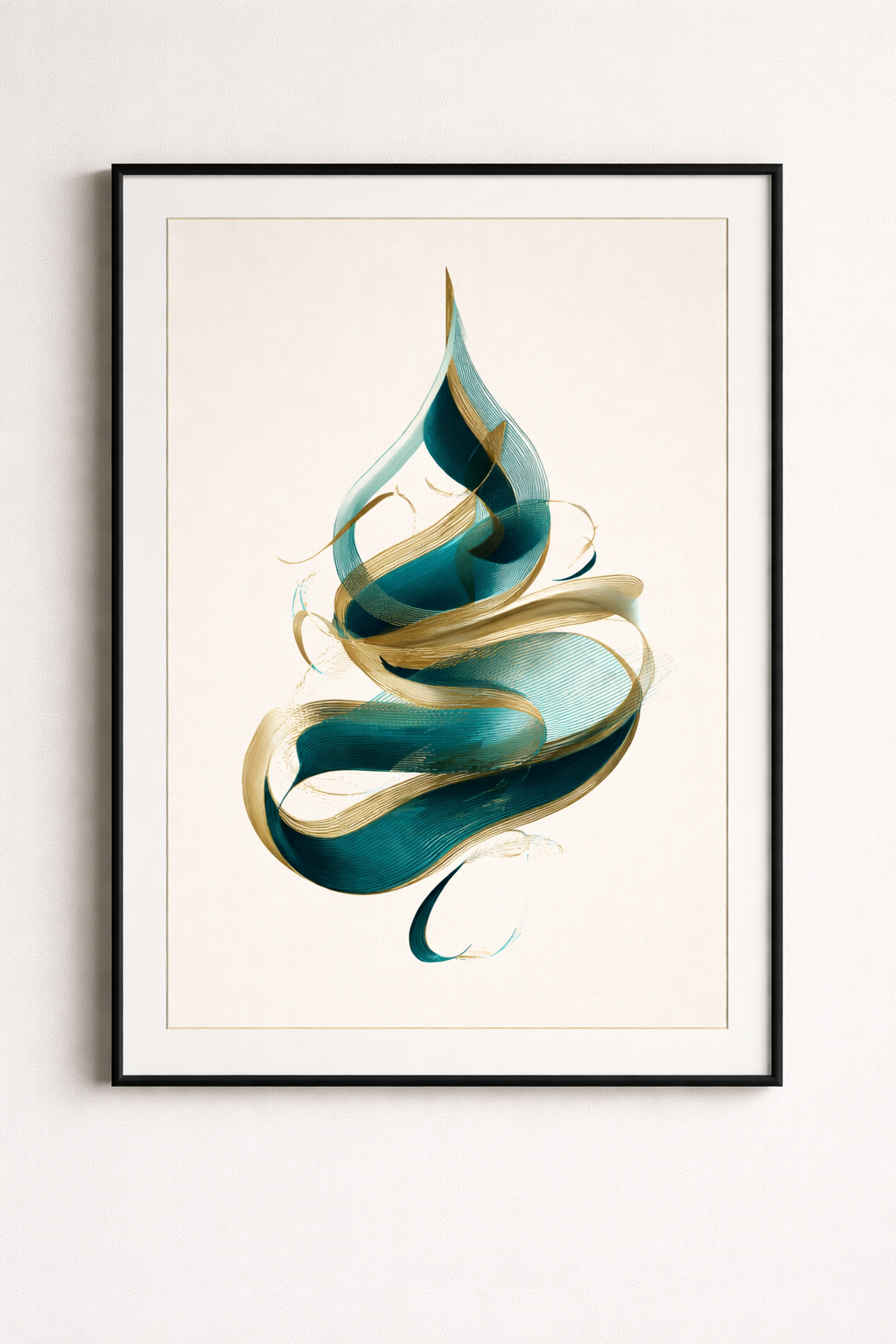 Soyut Vav Formu Siyah Çerçeveli Tablo - Altın ve Turkuaz Detaylı Duvar Sanatı