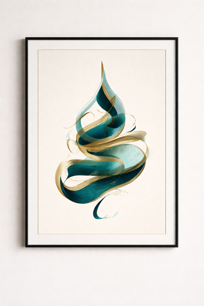 Soyut Vav Formu Siyah Çerçeveli Tablo - Altın ve Turkuaz Detaylı Duvar Sanatı