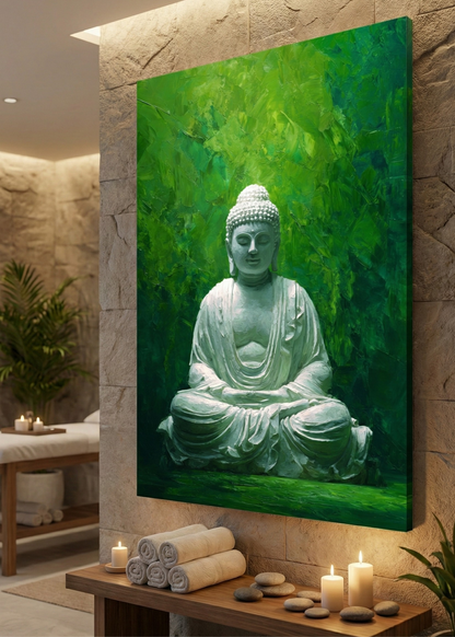 Yeşilin Sessizliğinde Buda – Meditasyon ve Spa Atmosferi İçin Premium Kanvas Tablo