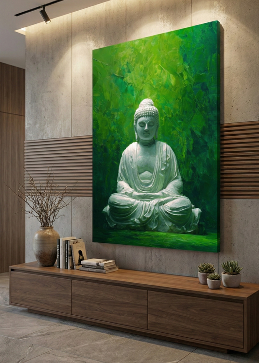 Yeşilin Sessizliğinde Buda – Meditasyon ve Spa Atmosferi İçin Premium Kanvas Tablo