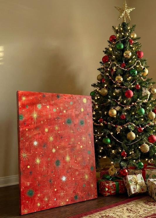 Yılbaşı Işıltısı Kırmızı Yıldız Desenli Dekoratif Kanvas Tablo – Yeni Yıl Temalı Duvar Dekoru