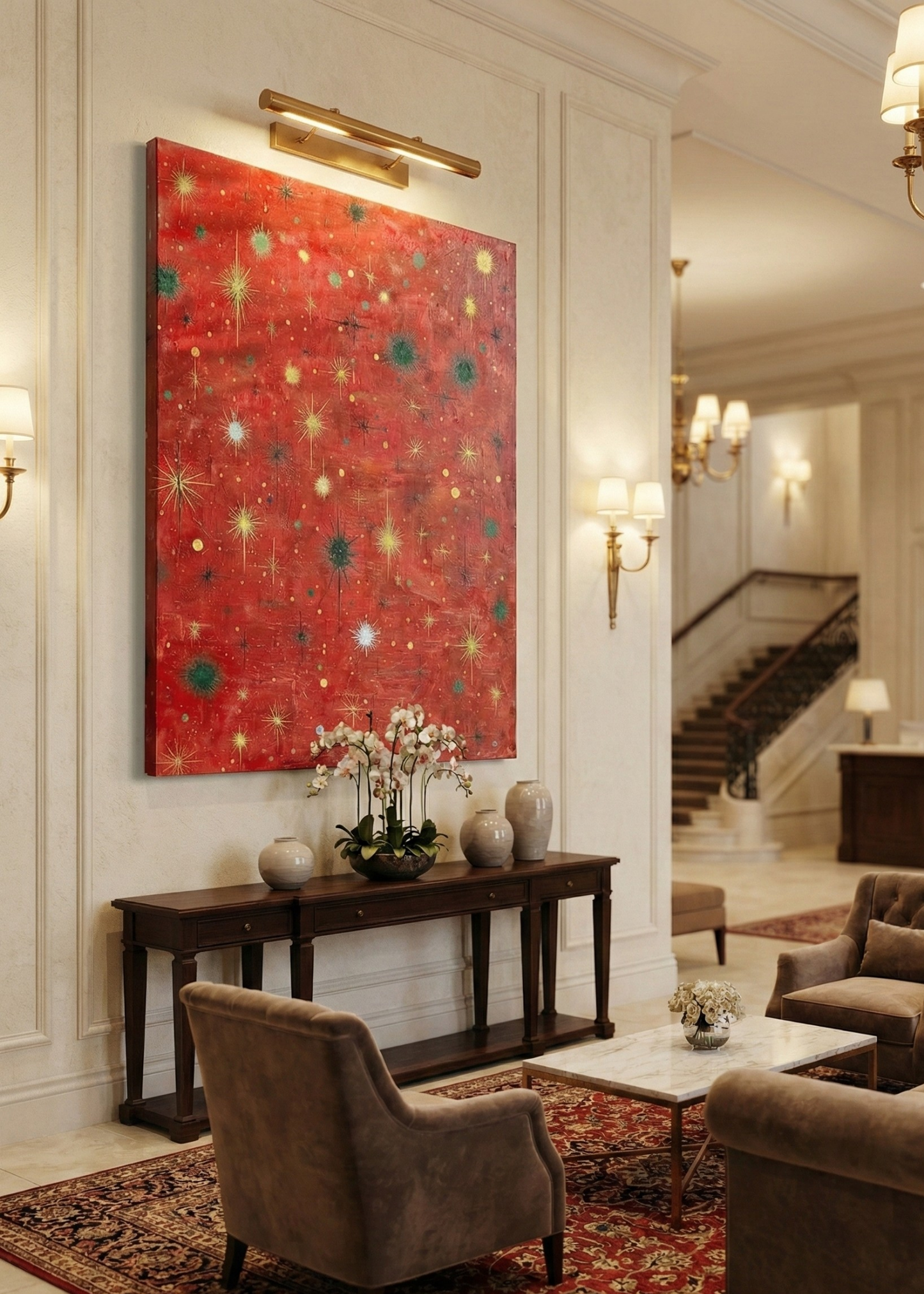 Yılbaşı Işıltısı Kırmızı Yıldız Desenli Dekoratif Kanvas Tablo – Yeni Yıl Temalı Duvar Dekoru