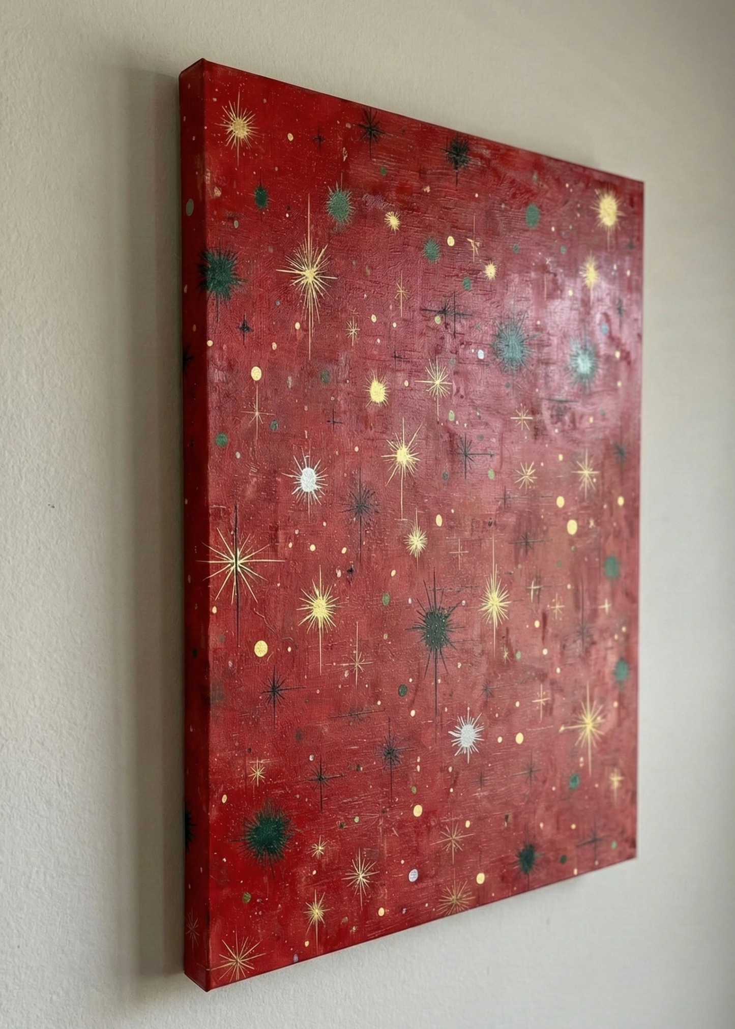 Yılbaşı Işıltısı Kırmızı Yıldız Desenli Dekoratif Kanvas Tablo – Yeni Yıl Temalı Duvar Dekoru