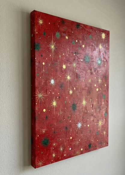 Yılbaşı Işıltısı Kırmızı Yıldız Desenli Dekoratif Kanvas Tablo – Yeni Yıl Temalı Duvar Dekoru