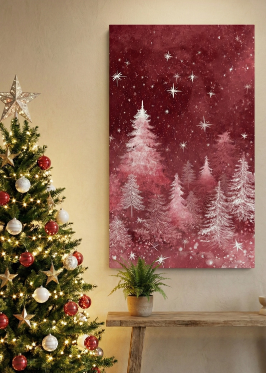 Kırmızı Yılbaşı Çam Ormanı Kanvas Tablo – Yeni Yıl Hediyesi, Noel Dekoru, Işıltılı Yılbaşı Duvar Süsü