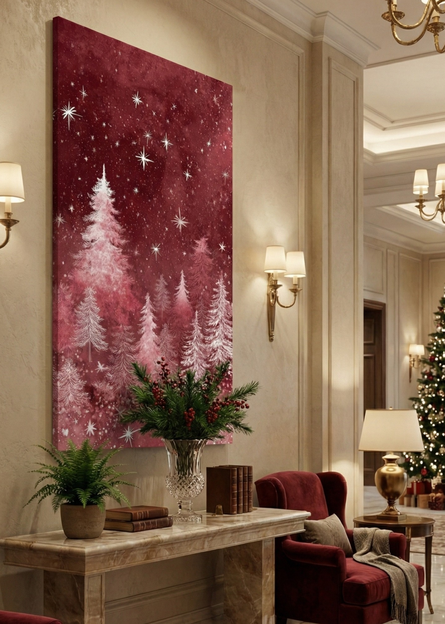 Kırmızı Yılbaşı Çam Ormanı Kanvas Tablo – Yeni Yıl Hediyesi, Noel Dekoru, Işıltılı Yılbaşı Duvar Süsü