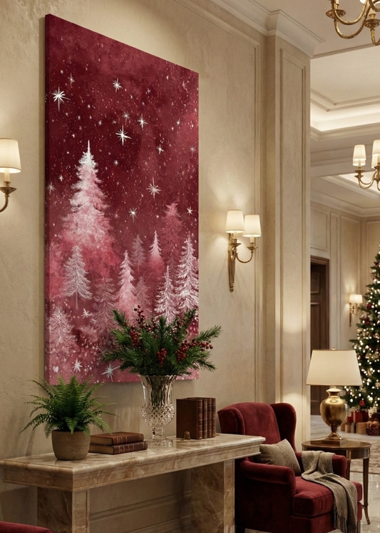 Kırmızı Yılbaşı Çam Ormanı Kanvas Tablo – Yeni Yıl Hediyesi, Noel Dekoru, Işıltılı Yılbaşı Duvar Süsü