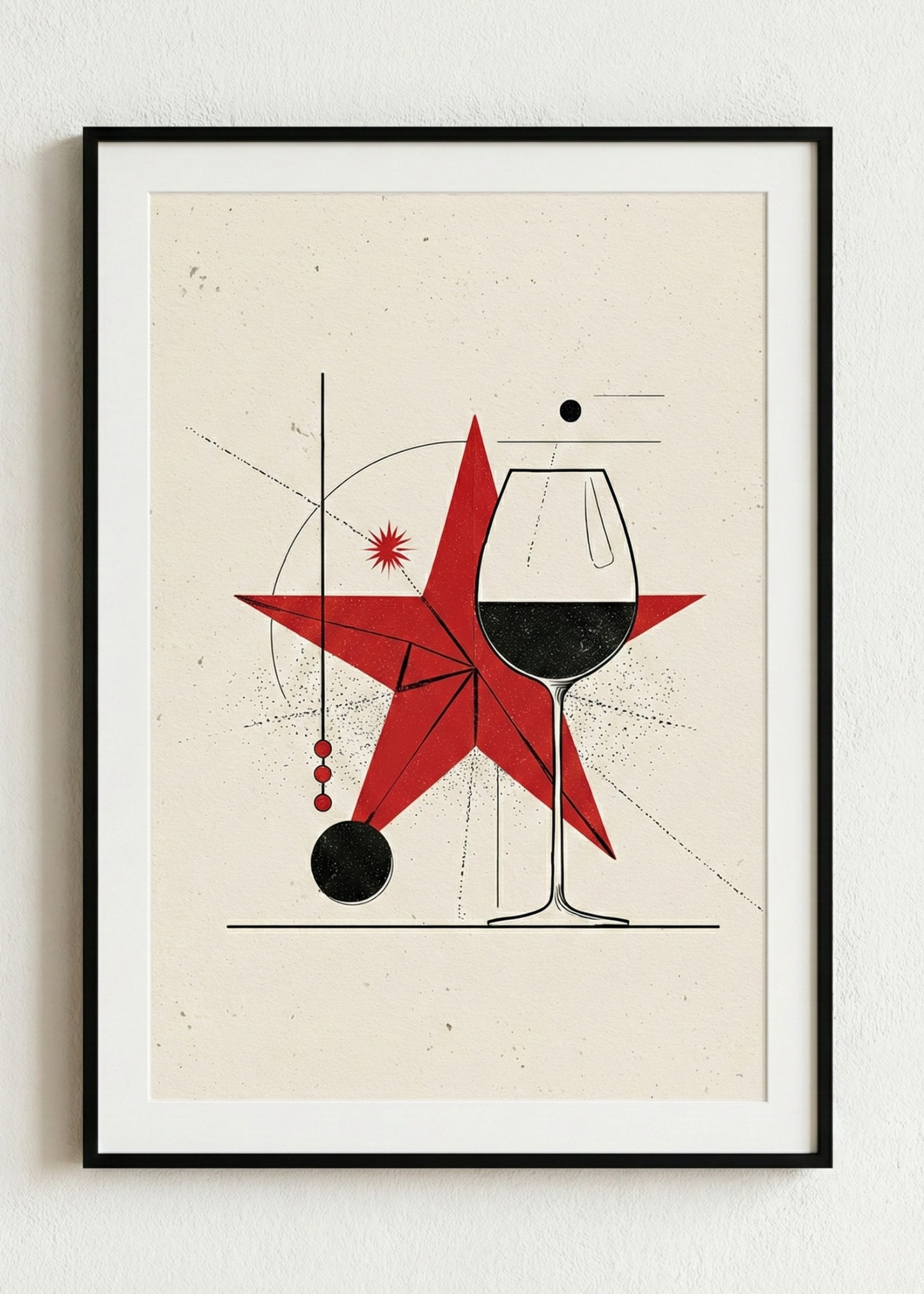 Geometrik Soyut Tasarım Siyah Çerçeveli Tablo - Kırmızı Yıldız ve Şarap