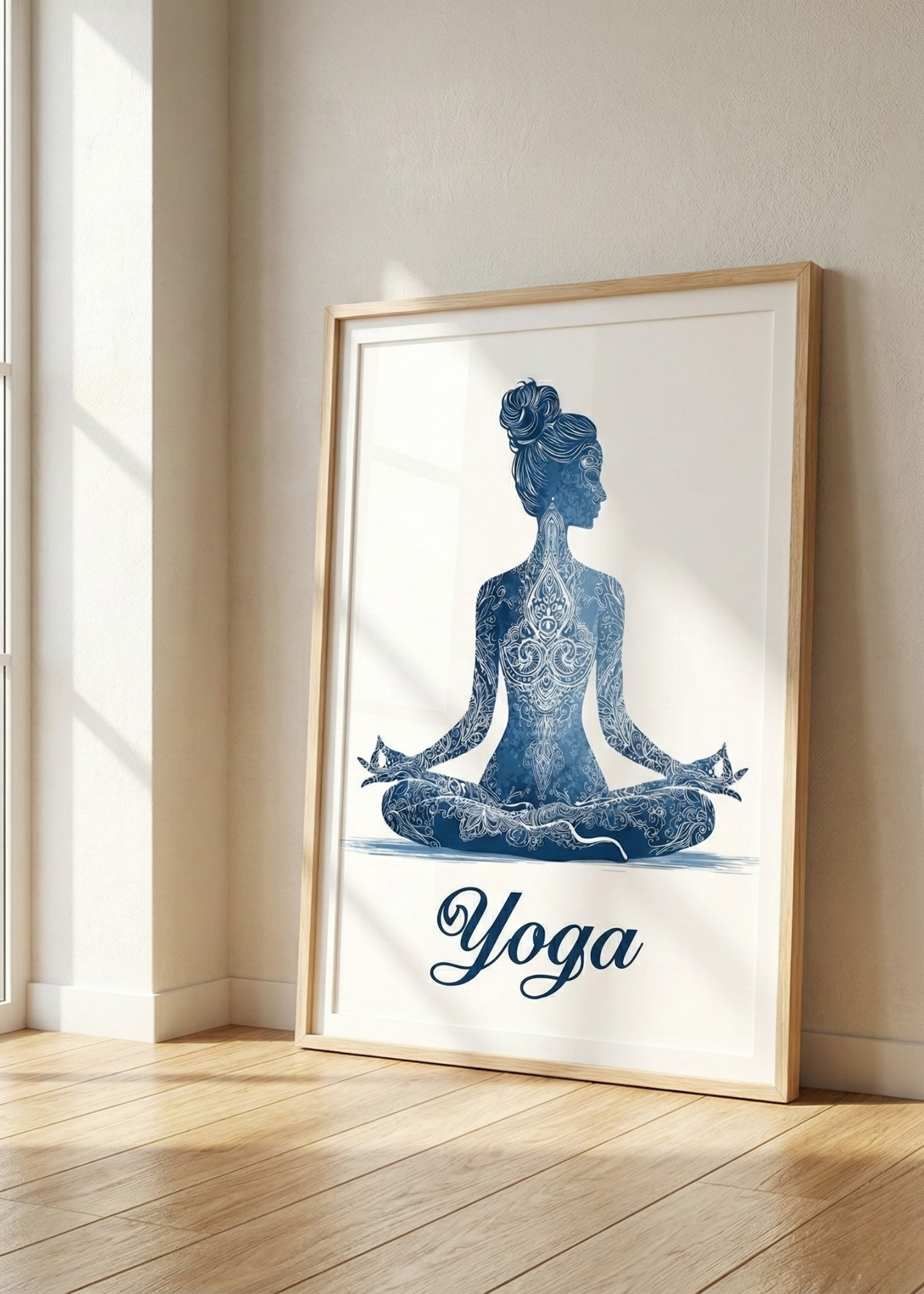 Yoga ve Meditasyon Temalı Mandala Desenli Doğal Ahşap Çerçeveli Tablo