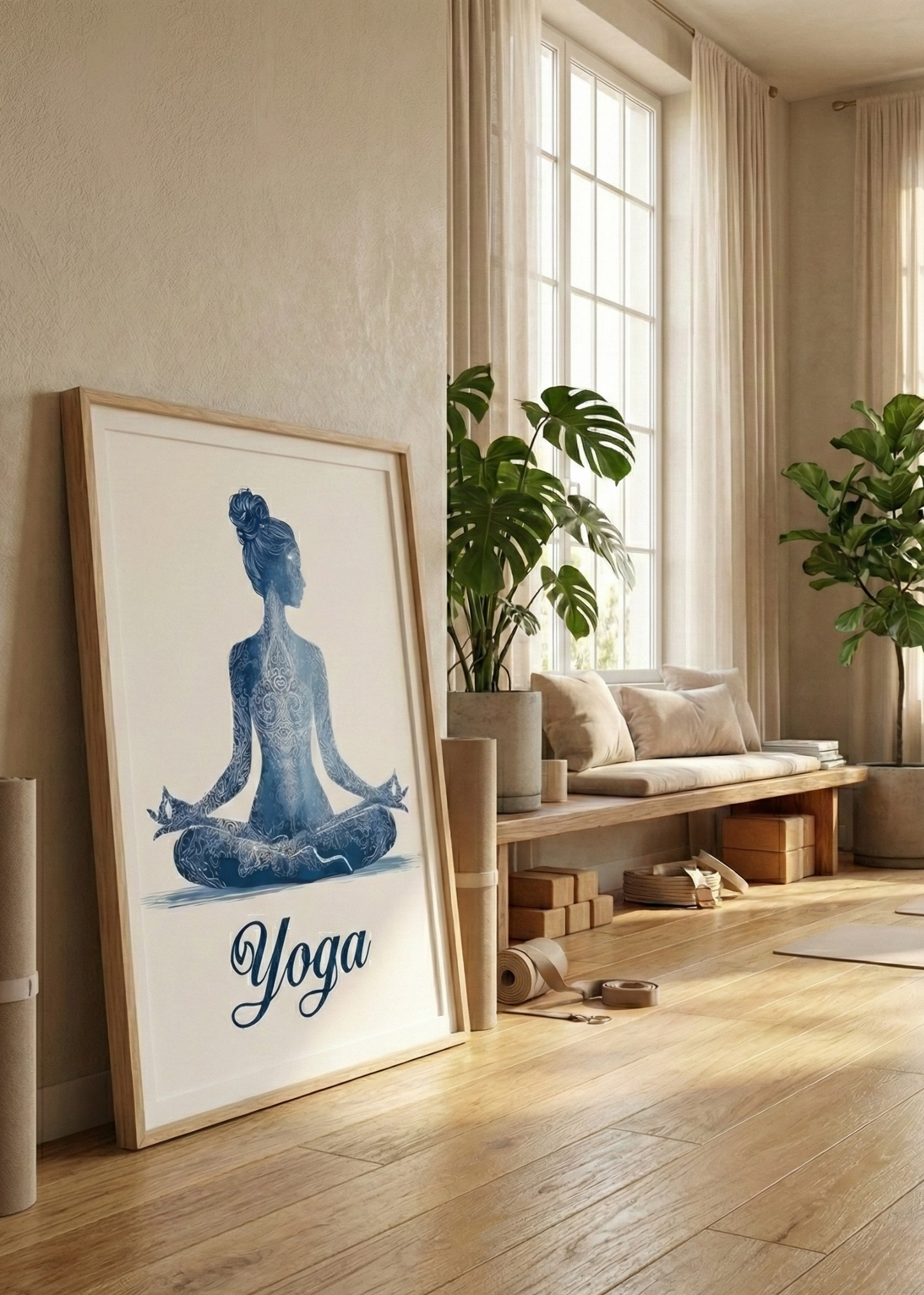 Yoga ve Meditasyon Temalı Mandala Desenli Doğal Ahşap Çerçeveli Tablo