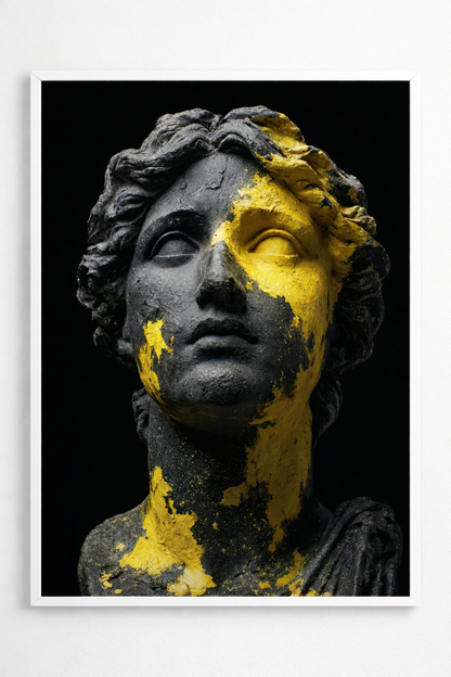 Modern Antik Büst Heykel Tasarım Beyaz Çerçeveli Tablo - Sarı Siyah Sanat
